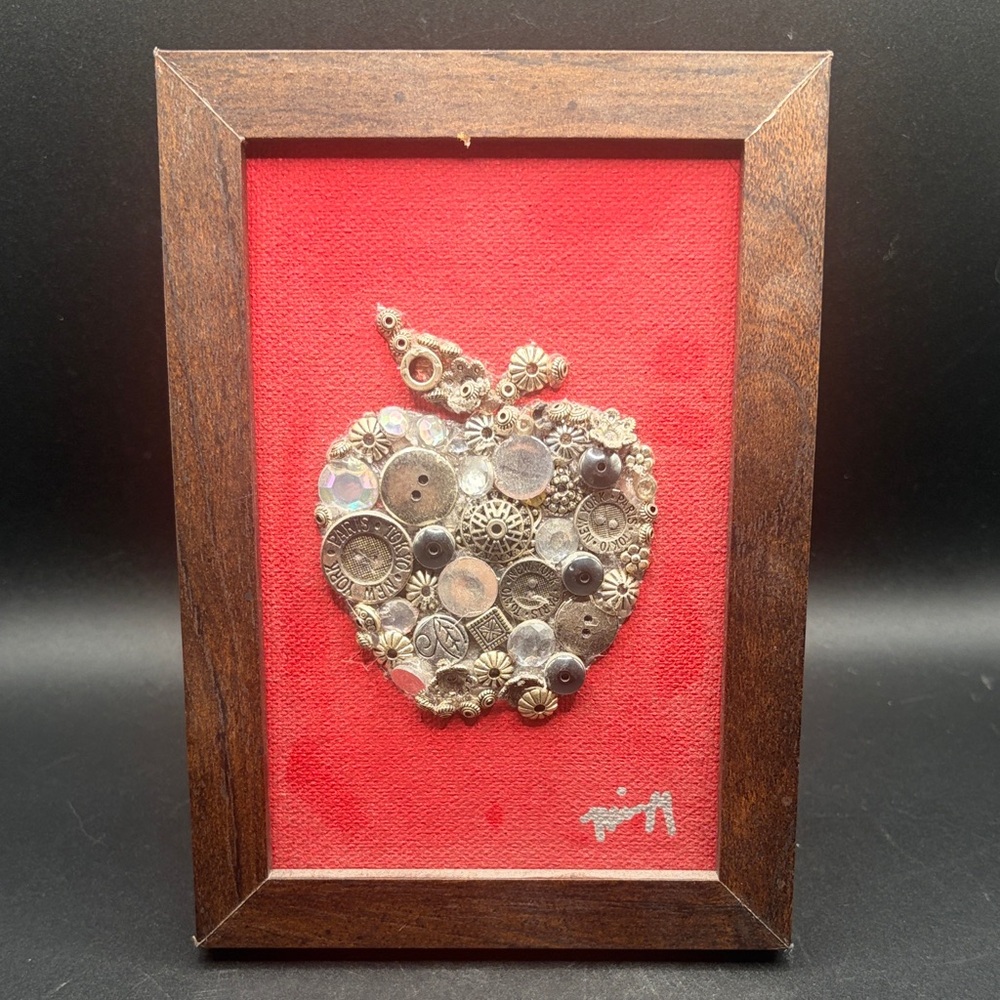 Mimzy's Button Bar Handcrafted Found Object Button Bead Apple Mosaic, Framed